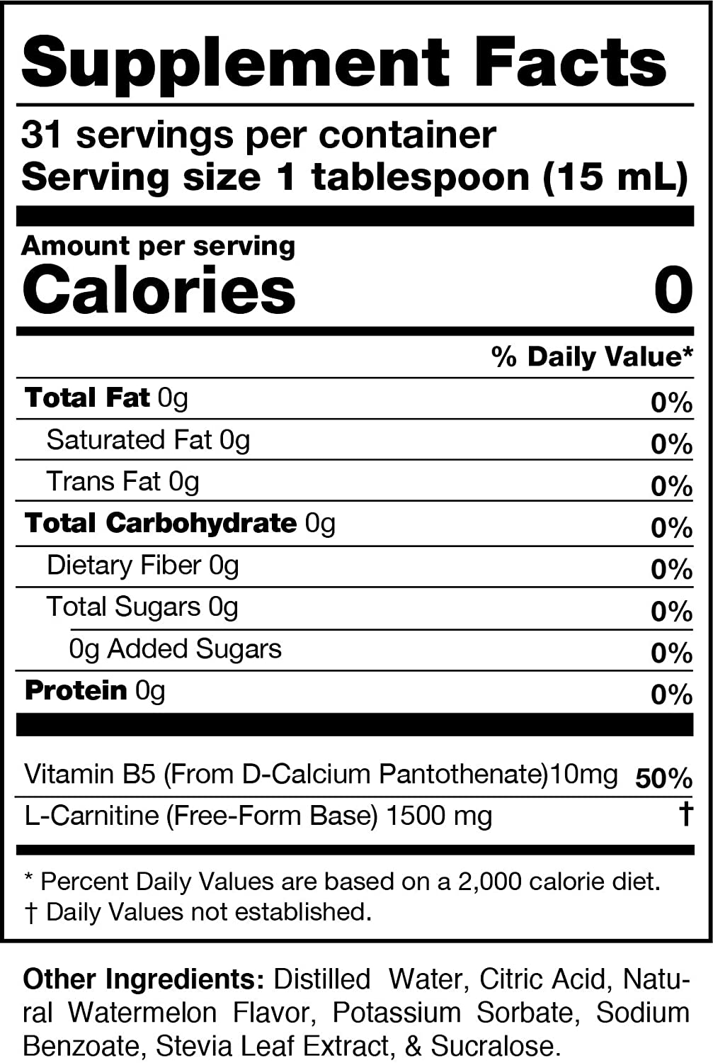 Información nutrimental de L-CARNITINE 1500, producto de GLAMOUR NUTRITION