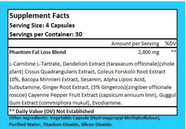 Información nutrimental de Phantom XS de Nubreed, 30 porciones